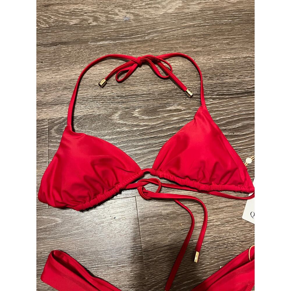 Quince Italian High Leg Bikini Bottom and Triangle Bikini Top Cherry Red Size S - Picture 2 of 6